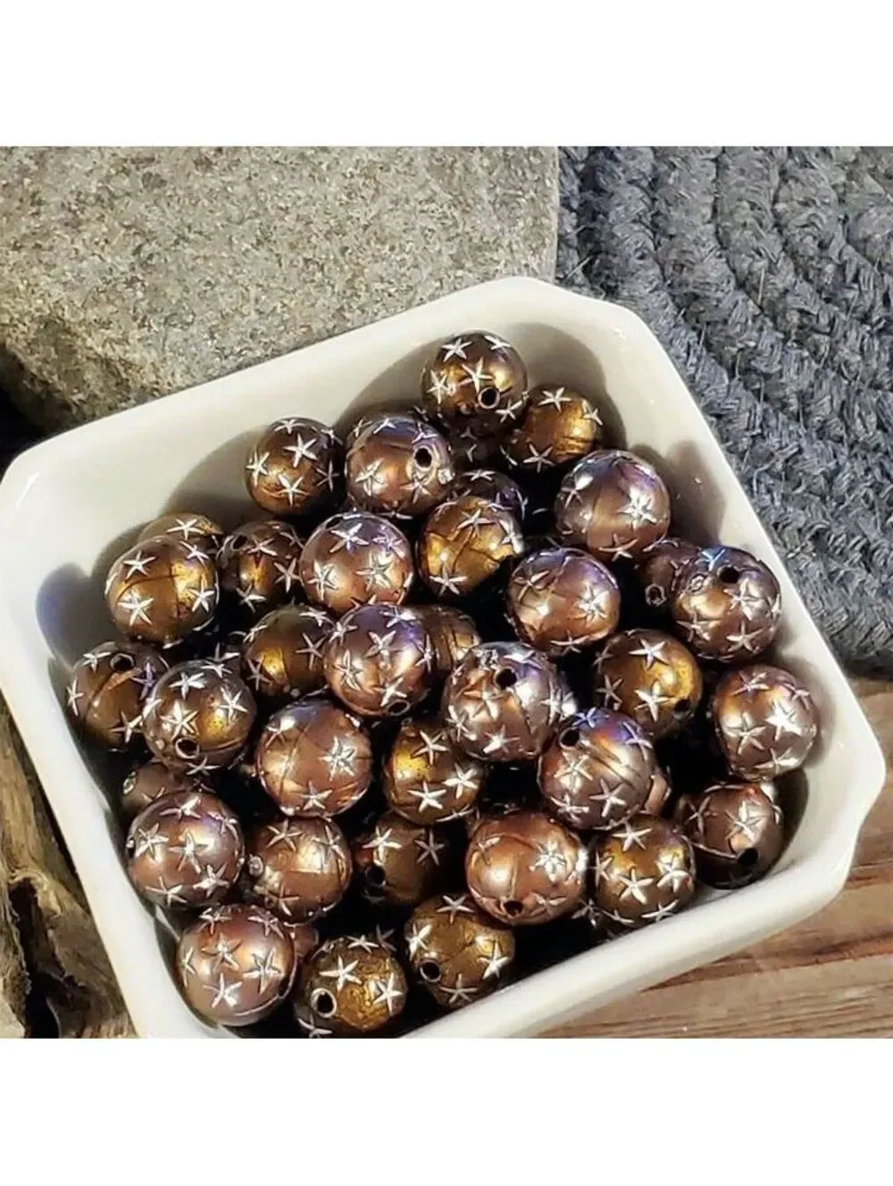 10 Vintage Retro Brown Silver Stars 12mm Round Acrylic Shabby Chic Beads